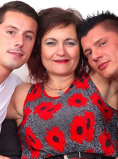 Hairy mature lady fooling around with two guys
