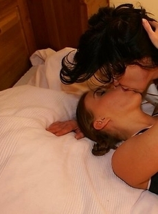Three old and young lesbians have fun on bed
