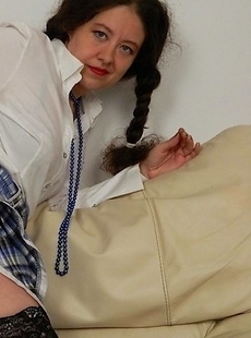 Horny housewife with pigtails goes crazy on her couch